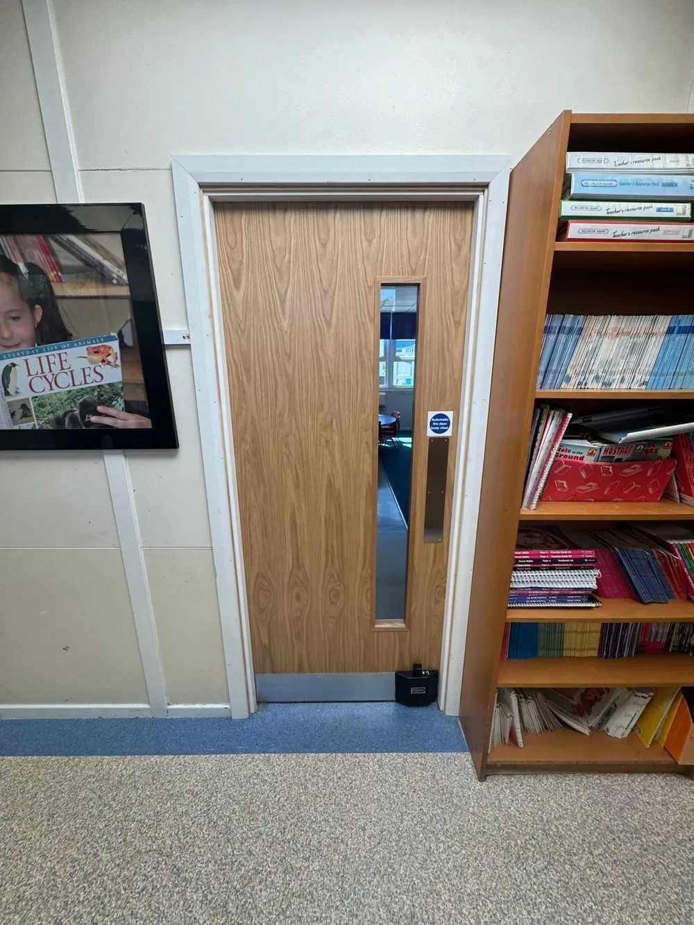 Classroom fire door with a pull handle and automatic hold-open device