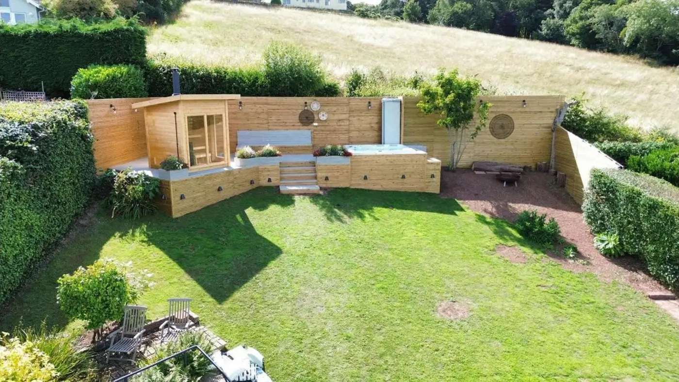 Garden decking with hot tub, sauna and seating
