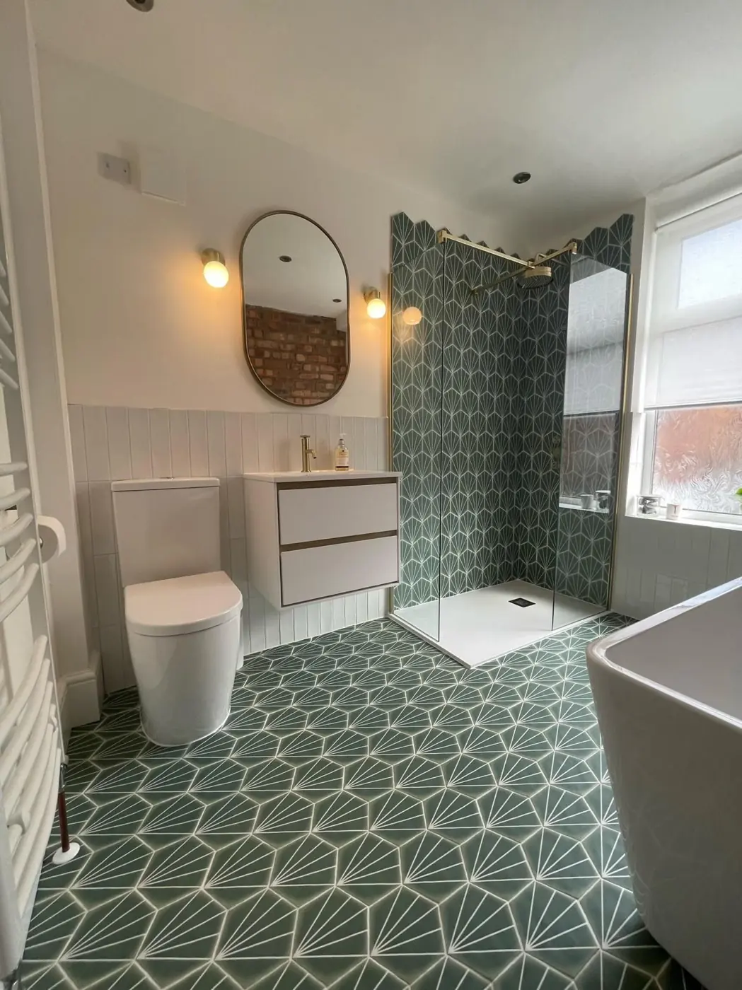 Shower and vanity with brass fittings